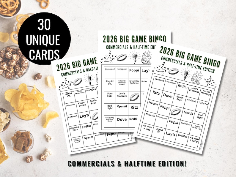 2026 Big Game Bingo | Commercials & Half-time, 30 Cards (printable PDF ...