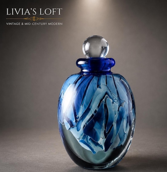Robert Eickholt Art Glass Perfume Bottle, Blue Studio Vessel with Stopper