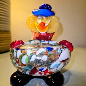 Authentic Murano Clown Art Glass Dish – Made in Italy – Handblown Vintage Multicolor Catchall