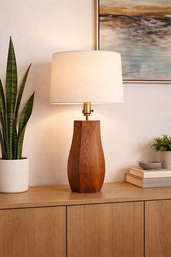 Danish Teak Lamp, Mid Century Modern Table with Sculpted Wood Base