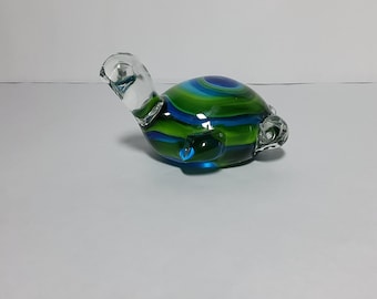 Vintage Lefton Seal Art Glass Blue Green Blown Art Glass Turtle/Tortoise Figurine Paperweight