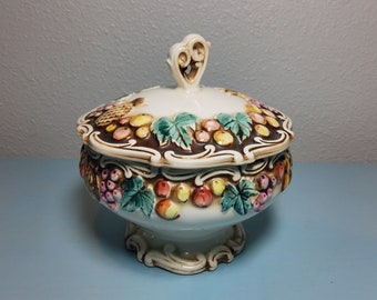 Vintage Candy Dish, Lefton’s Japan Covered Compote, Candy Dish, Hand Painted Fruit Design, Lefton’s Ceramics