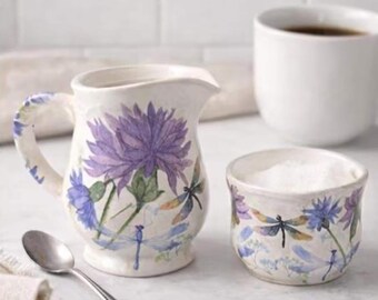 Vintage Creamer and Sugar Bowl Set, Floral Ceramic with Purple Flowers