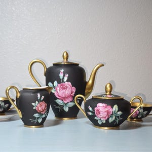Vintage Bavaria Black Porcelain Coffee Set: Gold Interior, Hand-Painted Floral, 15-Piece