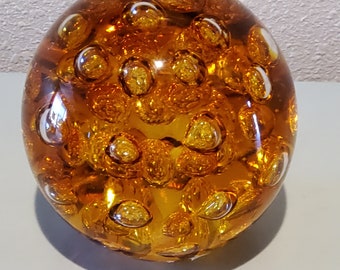 Amber Murano Blown Art Glass Sphere with Interior Bubbles Mid century