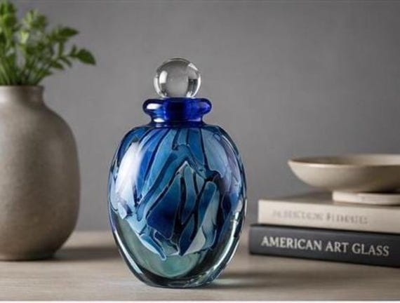 Robert Eickholt Art Glass Perfume Bottle, Blue Studio Vessel with Stopper View 4