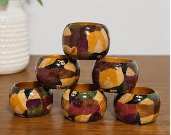 Vintage Napkin Rings Set of 6, Hand-Painted Wooden Dining Decor from India