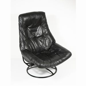 Vintage Ekornes Stressless Recliner: Mid Century Modern Black Leather Swivel Chair