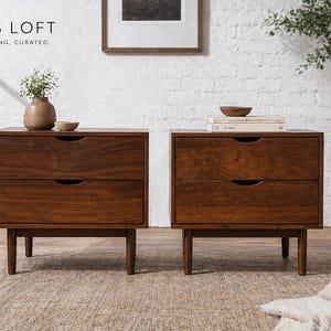 Mid Century Modern Walnut Nightstands Pair, 2 Drawer MCM Bedside Tables Scandinavian Style