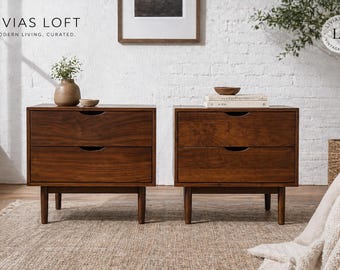 Mid Century Modern Walnut Nightstands Pair, 2 Drawer MCM Bedside Tables Scandinavian Style