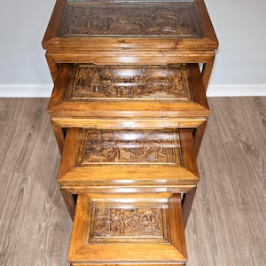Vintage Southeast Asian Hardwood Nesting Tables – Hand-Carved Solid Wood Set of 4