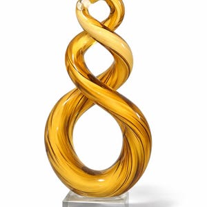 Escultura de cristal de Murano ámbar estilo infinito con remolino sobre base transparente, arte decorativo moderno en vidrio, decoración de vidrio