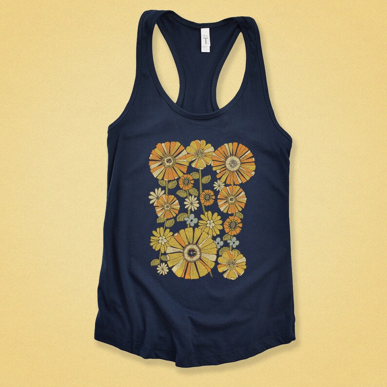 70's Retro Flower Racerback Tank Top for Women - Vintage Floral Sleeveless - Groovy 1970s Style - Fall Fashion - Hippie Vibes - Boho Chic Navy Blue