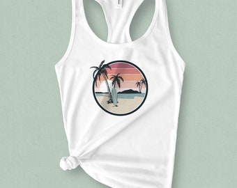 Tropical Beach Shirt | Surfer Graphic Tank Top | Summer Vibes Tank Top | Tropical Sunset Retro Beach Tank Top | Summer Gift Vacation Tee