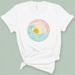 Barrel Wave Sunset Graphic Tee Surf Inspired, Surfer Girl Beachy Vibe Graphic Tee for Summer Vacation