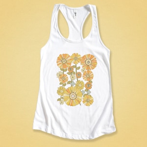 70's Retro Flower Racerback Tank Top for Women - Vintage Floral Sleeveless - Groovy 1970s Style - Fall Fashion - Hippie Vibes - Boho Chic White