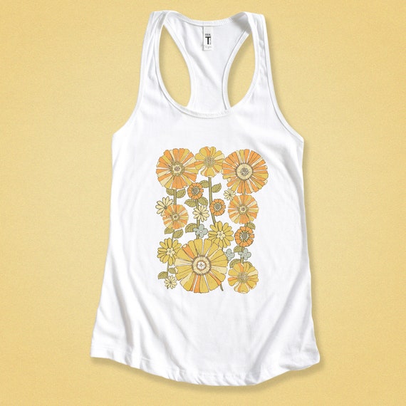 70's Retro Flower Racerback Tank Top for Women - Vintage Floral Sleeveless - Groovy 1970s Style - Fall Fashion - Hippie Vibes - Boho Chic