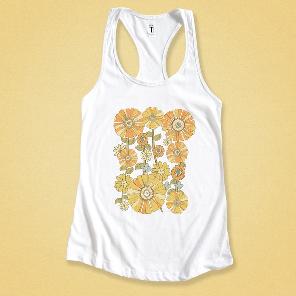 70's Retro Flower Racerback Tank Top for Women - Vintage Floral Sleeveless - Groovy 1970s Style - Fall Fashion - Hippie Vibes - Boho Chic