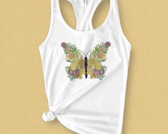 Camiseta sin mangas de mariposa de flores, camiseta sin mangas botánica, camiseta sin mangas de jardín, camiseta sin mangas de flores silvestres, regalo para mamá activa