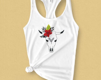 4th Of July Tank Sublimated Design Cow Skull Tank Top Barbwire Skull Patriotic Racerback Boho Tank Top Women/'s Racerback Skull Tank