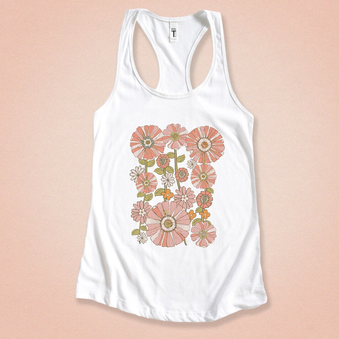 70s Pink Floral Tank Top: Retro Wildflower Graphic, Cottagecore