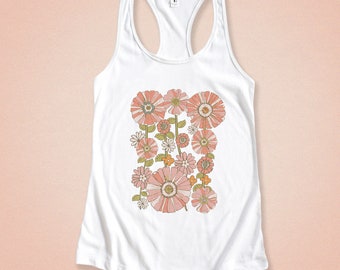 70s Pink Floral Tank Top: Retro Wildflower Graphic, Cottagecore Style
