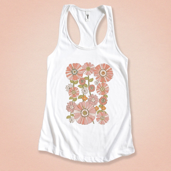 flower 2026年SS Vintage effect tank top 70s Pink Floral Tank Top: Retro Wildflower Graphic, Cottagecore