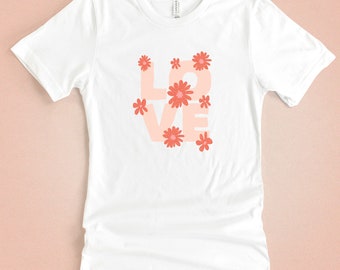Retro Love Women's Graphic Tee, Groovy Flower Boho Love Shirt, Cute Valentine Gift for Her and Girlfriend, Soft Unisex Cut T-shirt