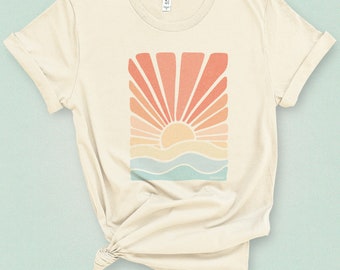 Camiseta retro de playa con atardecer: Camisa con aires veraniegos vintage