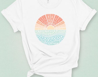 Retro Sunset Graphic Tee: Tribal Flower Beach Shirt
