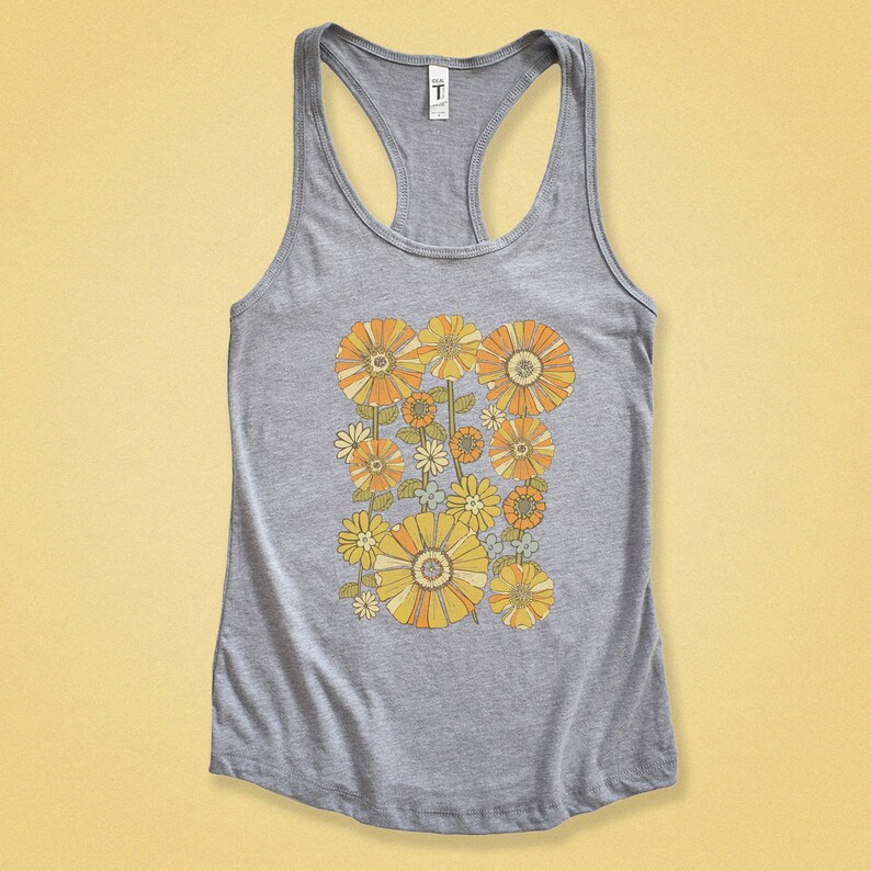 70's Retro Flower Racerback Tank Top for Women - Vintage Floral Sleeveless - Groovy 1970s Style - Fall Fashion - Hippie Vibes - Boho Chic Heather Grey