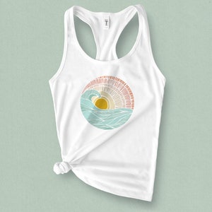 Barrel Wave Sunset Graphic Tank Top - Retro Surf Style Summer Vacation Clothing