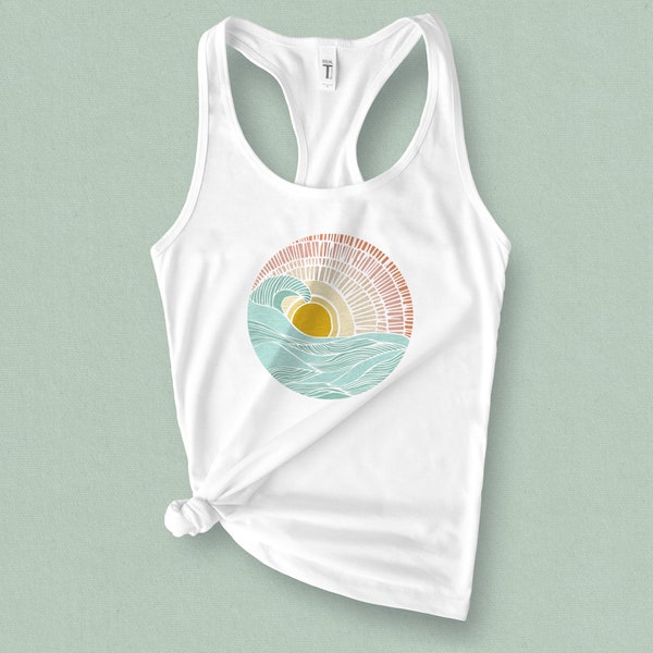 Barrel Wave Sunset Graphic Tank Top - Retro Surf Style Summer Vacation Clothing