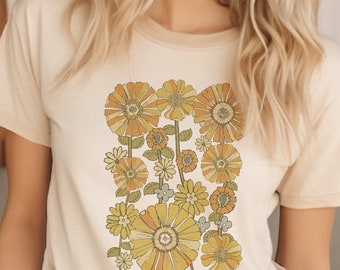 Retro Wildflower T-Shirt - 70's Boho Floral Graphic Tee, Cottagecore Garden Shirt, Gift for Her, Yellow Flowers