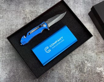 Personalized Gift Set, Engraved Knife, Power Bank, Journal and Pen, Custom Logo or Name, Red and  Blue Laser Engraved Gifts for Him or Her