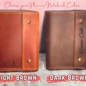 May include: Two leather planner notebooks with snap closures. The light brown notebook features the initials R|J, while the dark brown notebook is personalized with the name Hanna Cate. Both notebooks have visible stitching and a smooth finish.