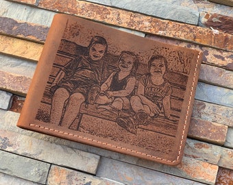 Leather Wallet,  Personalized wallet, Picture Engraved Wallet, Handmade Distressed Leather Wallet, Cowhide Leather, Anniversary Gift