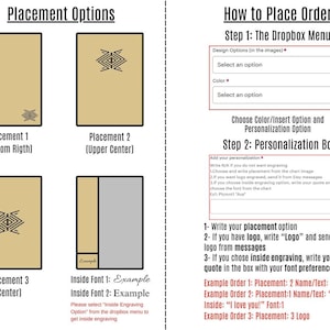 May include: A guide on how to place an order for a personalized engraved item. The image shows three placement options for the engraving: bottom right, upper center, and center. It also includes instructions on how to add personalization, including text, logos, and inside engraving.