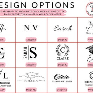 May include: Twelve different design options for personalized engraved items. Each design features a different combination of initials, names, and graphics, including a graduation cap, a wreath, and a company logo. The designs are numbered 1 through 12.