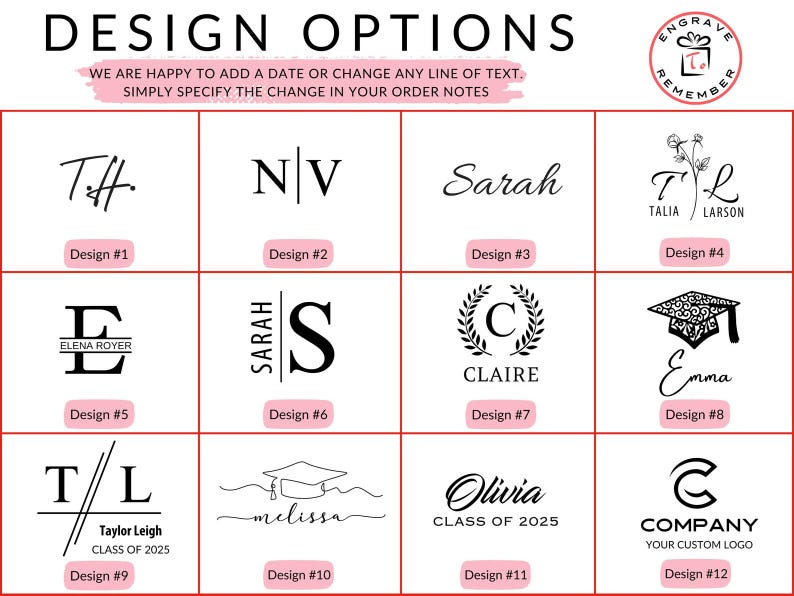 May include: Twelve different design options for personalized engraved items. Each design features a different combination of initials, names, and graphics, including a graduation cap, a wreath, and a company logo. The designs are numbered 1 through 12.
