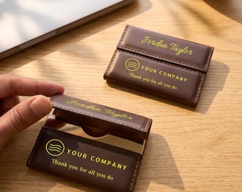 Custom Logo Business Card Holder in Bulk, Engraved Leather Card Case, Employee Appreciation Gift, Client Gift, Team Gifts for Coworkers
