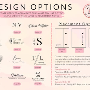 May include: A design guide featuring twelve distinct monogram and logo options labeled Design #1 through #12, alongside three placement options for engraving. The text includes instructions for customization, order examples, and a circular logo for Engrave Remember.