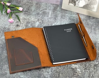 Gift for Her, 2024 Planner, Leather Planner Cover + Free Planner + Rosewood pen, Refillable Personalized Planner, Christmas Gift,