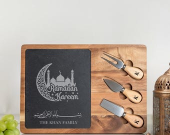 Personalized Ramadan Charcuterie Board Set, Engraved Slate + Acacia Cheese Board w/ Tools, Eid Mubarak Gift, Muslim Family Gift