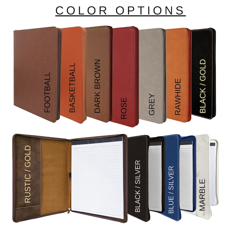 May include: A selection of zippered binders in various colors and materials, including leather, fabric, and marble. The binders are open to reveal lined paper and a zippered pocket. The colors include football, basketball, dark brown, rose, grey, rawhide, black/gold, rustic/gold, black/silver, blue/silver, and marble.