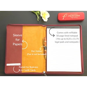 May include: A burgundy leather portfolio with a pen holder, a pocket for business cards, and a sleeve for papers. It comes with a refillable 50-page lined notepad that fits up to 8.25 x 11.75 inches.
