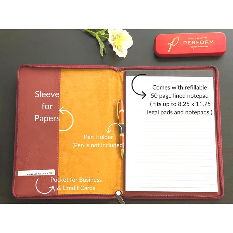May include: A burgundy leather portfolio with a pen holder, a pocket for business cards, and a sleeve for papers. It comes with a refillable 50-page lined notepad that fits up to 8.25 x 11.75 inches.