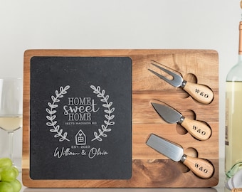 Personalized Charcuterie Board Gift Set | Engraved Acacia & Slate Cheese Board + Tools | Closing Gift, Housewarming, Wedding, Newlywed