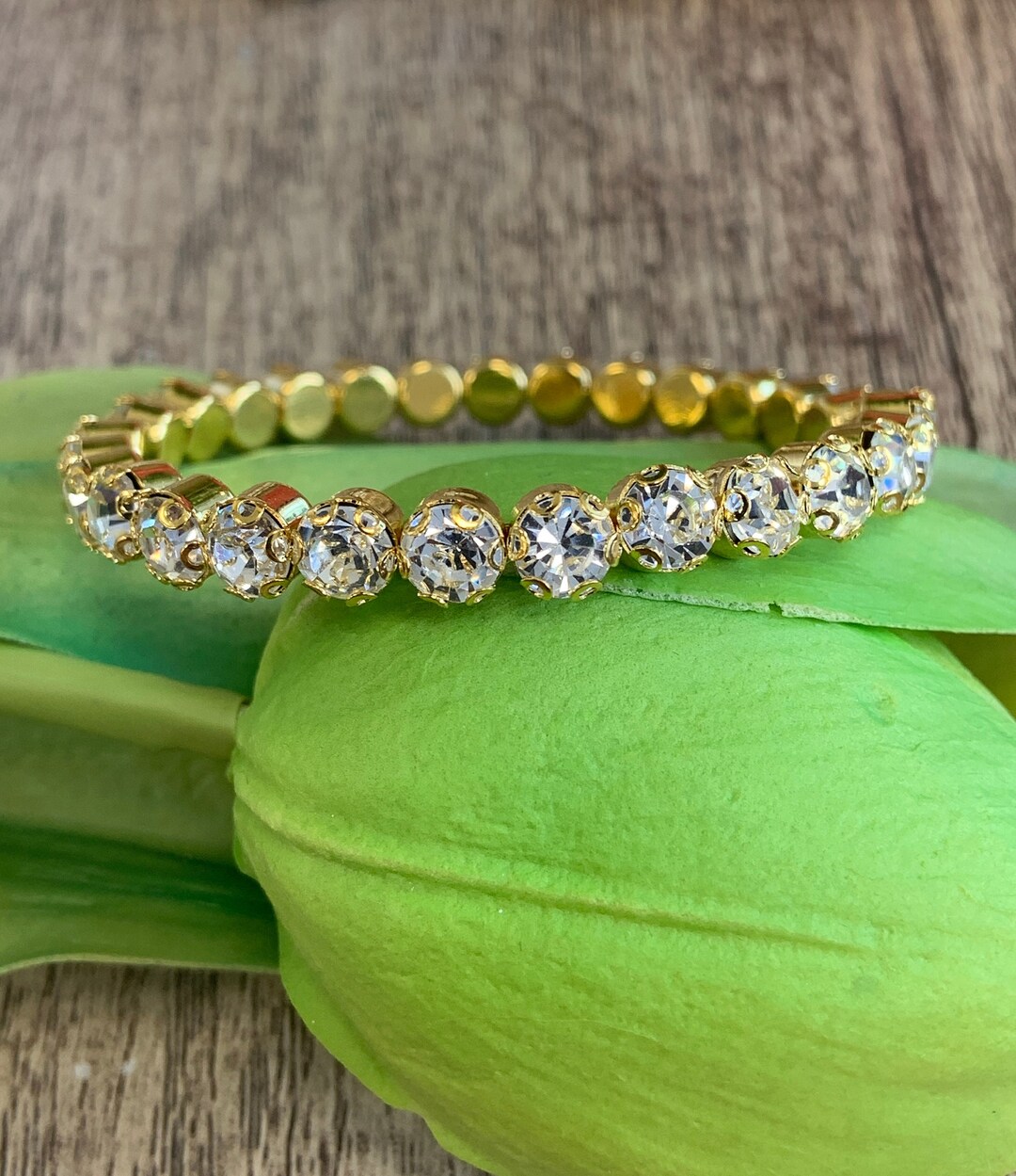 Gold With Clear Rhinestone Cuff Bracelet 1 Row Bracelet Open Etsy