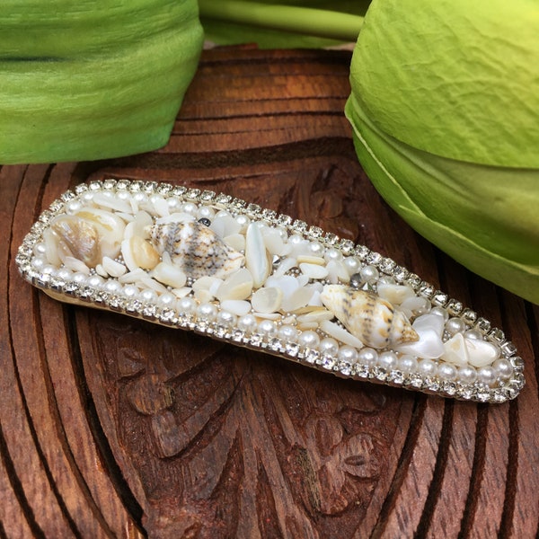 Seashell and Pearl Snap Hair Clip, Big Fancy Hair Clip, Rhinestone Decor Crystal Clip, Wedding Accessories, Bridesmaid Gift, Gift for her